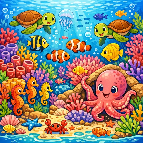 Enjoy an online jigsaw puzzle designed for browser play, featuring a bright and playful underwater world full of sea animals.