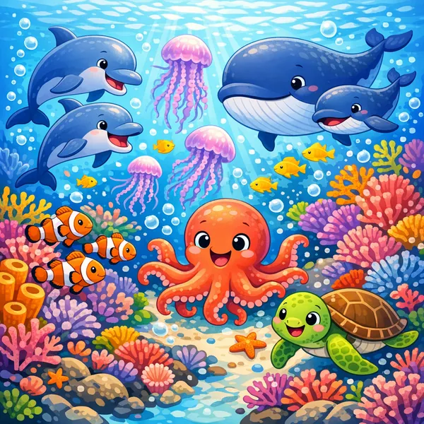 Enjoy an online jigsaw puzzle designed for browser play, featuring a cheerful underwater animals scene full of bright marine life and colorful coral.