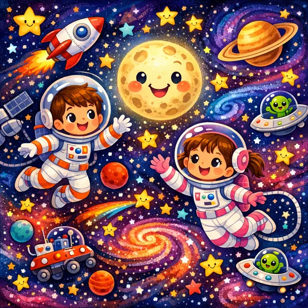 Enjoy an online jigsaw puzzle designed for browser play, featuring a whimsical space scene full of playful astronauts and celestial friends.