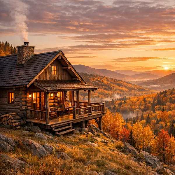 Play an online jigsaw puzzle in your browser that shows a cozy log cabin perched on a rocky hillside amid a sweeping autumn landscape.