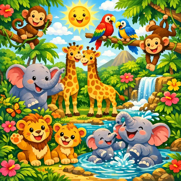 Enjoy an online jigsaw puzzle designed for browser play, featuring a cheerful jungle animals scene that s perfect for animal lovers and families.