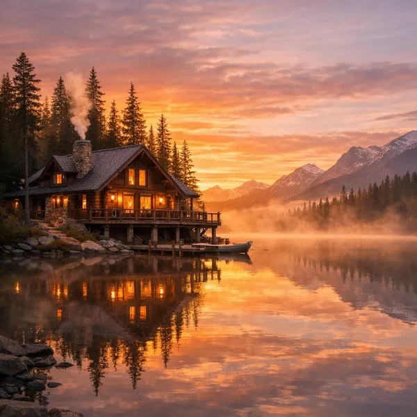 Enjoy an online jigsaw puzzle designed for browser play, featuring a cozy lakeside cabin set against a dramatic mountain sunset and lush forest — a soothing nat