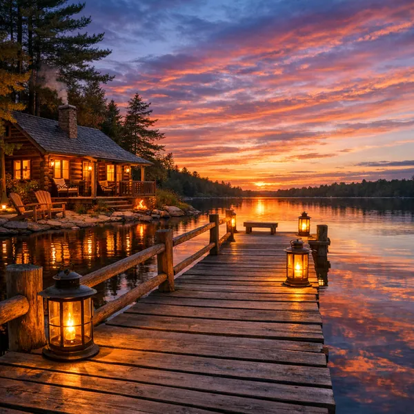 Enjoy an online jigsaw puzzle designed for browser play, featuring a tranquil lakeside scene at sunset with a cozy cabin and a wooden dock.