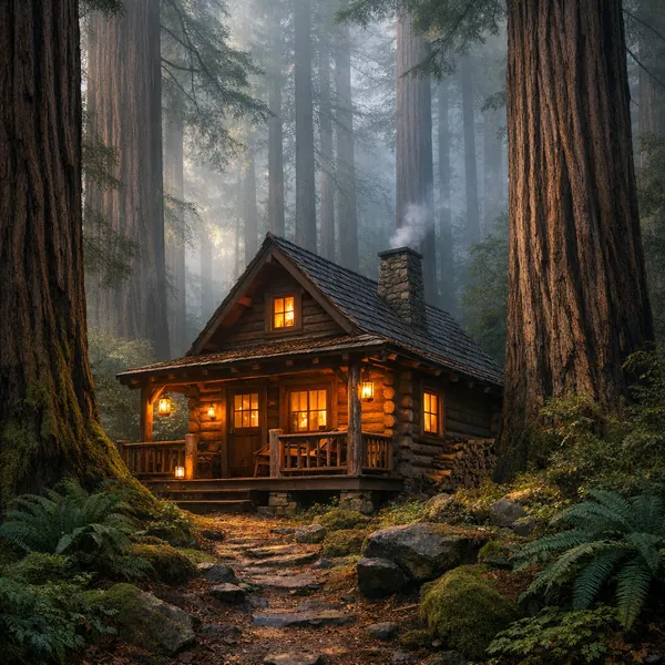 Enjoy an online jigsaw puzzle designed for browser play, featuring a cozy log cabin tucked into a misty old-growth forest — a nature-themed scene that invites r