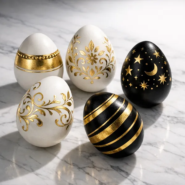 Enjoy an online jigsaw puzzle designed for browser play, featuring an elegant still life of decorated eggs with an artistic, holiday-inspired theme.