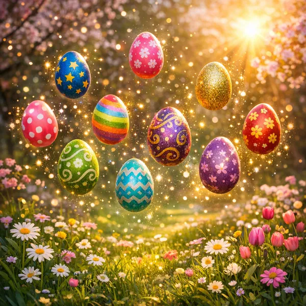 Enjoy an online jigsaw puzzle designed for browser play, featuring a cheerful Easter and springtime theme with brightly decorated eggs suspended above a flower-
