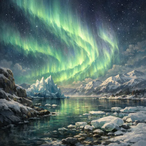 Enjoy an online jigsaw puzzle designed for browser play, featuring a breathtaking scene of the northern lights over an icy Arctic landscape.