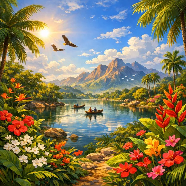 Enjoy an online jigsaw puzzle designed for browser play, featuring a vibrant tropical landscape with lush flowers, calm water, and distant mountains.