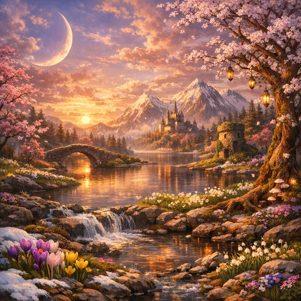 Enjoy an online jigsaw puzzle designed for browser play, featuring a dreamy nature scene with a fairytale castle and blossoming trees.