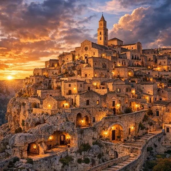 Enjoy an online jigsaw puzzle designed for browser play, featuring a sunlit hilltop village of ancient stone houses and winding stairways.
