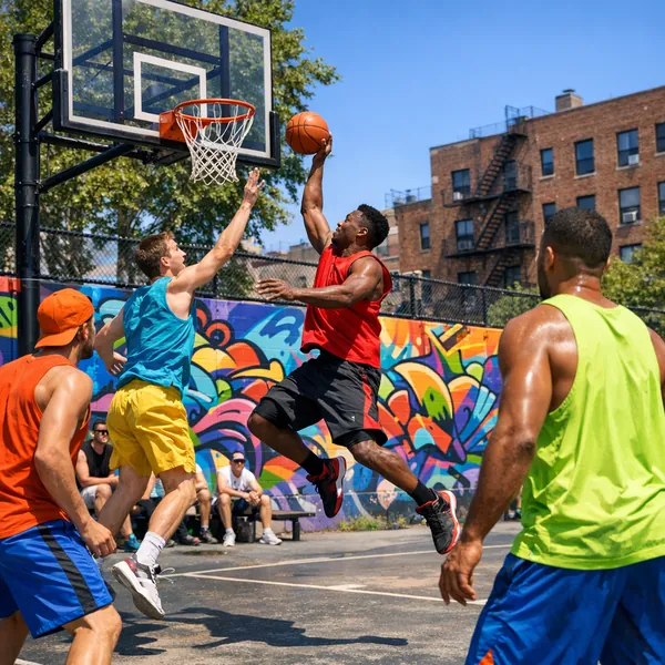 Enjoy an online jigsaw puzzle designed for browser play, featuring a lively outdoor basketball game set against a vibrant urban backdrop.