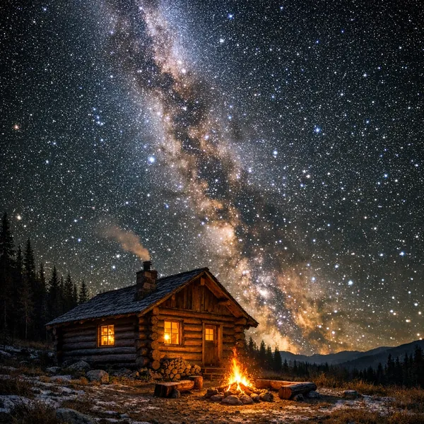 Enjoy an online jigsaw puzzle designed for browser play, featuring a serene nature and space scene of a cozy log cabin beneath a sweeping Milky Way.