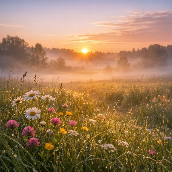 Enjoy an online jigsaw puzzle designed for browser play, featuring a serene wildflower meadow at sunrise.