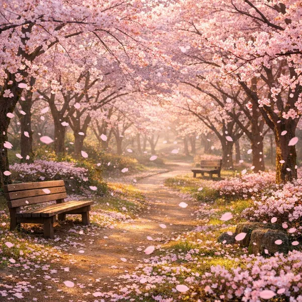 Enjoy an online jigsaw puzzle designed for browser play, featuring a serene spring scene of cherry blossoms and a sunlit park path.