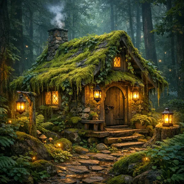 Enjoy an online jigsaw puzzle designed for browser play, featuring a cozy moss-covered cottage tucked into a lush forest setting.