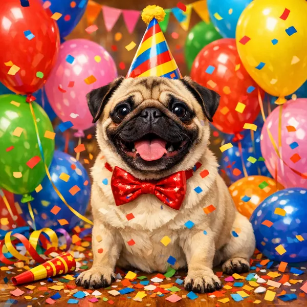 This online jigsaw puzzle features a cheerful party scene with an adorable pug as its main animal subject, perfect for browser play.