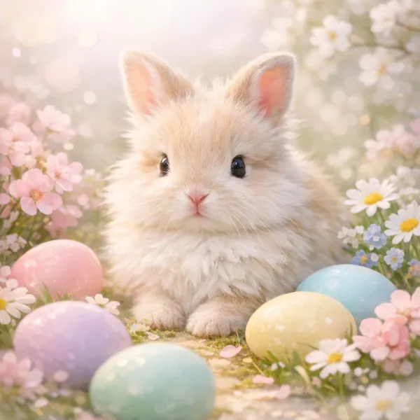 Enjoy an online jigsaw puzzle designed for browser play, featuring a fluffy baby bunny nestled among pastel eggs and spring blooms that celebrate animals and na