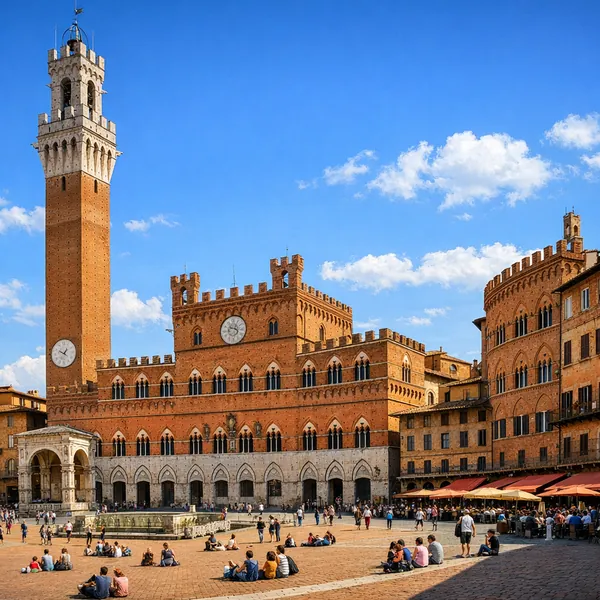 Enjoy an online jigsaw puzzle designed for browser play, featuring a sunlit historic city square with striking brick architecture and a tall clock tower.