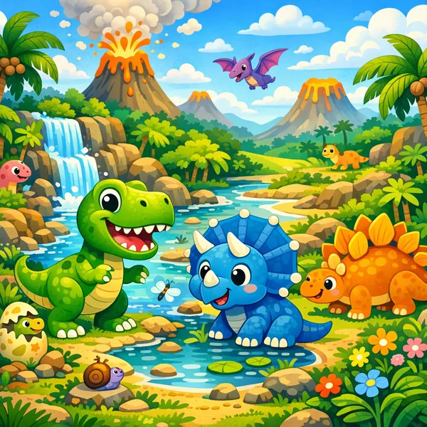 Enjoy an online jigsaw puzzle designed for browser play, featuring a cheerful prehistoric scene filled with playful dinosaurs and lush nature.