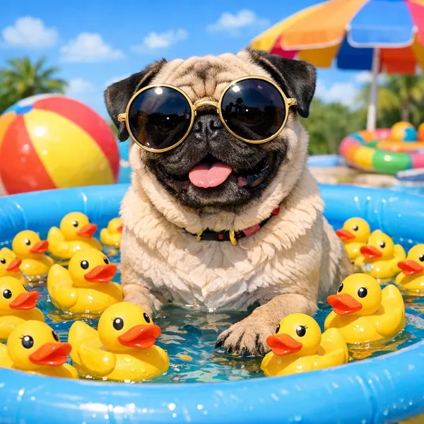 Enjoy an online jigsaw puzzle designed for browser play, featuring a cheerful summer scene with a cute pug relaxing among rubber ducks.