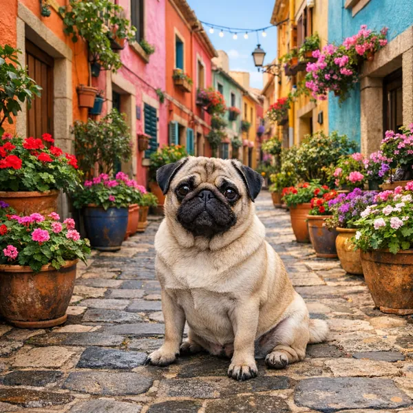 This online jigsaw puzzle features a charming street scene with a cute pug as the central subject, blending animals and colorful city scenery into a delightful