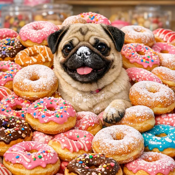 Enjoy an online jigsaw puzzle designed for browser play, featuring a charming pug nestled among a mountain of colorful donuts a delightful mix of animals and fo