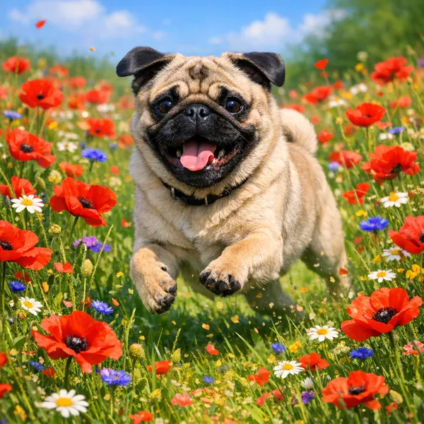 Play an online jigsaw puzzle in your browser that shows a cheerful pug dashing through a sunlit wildflower meadow—an uplifting animals-and-nature scene perfect