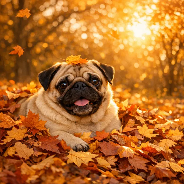Enjoy an online jigsaw puzzle designed for browser play, featuring a cheerful pug nestled in a carpet of autumn leaves.