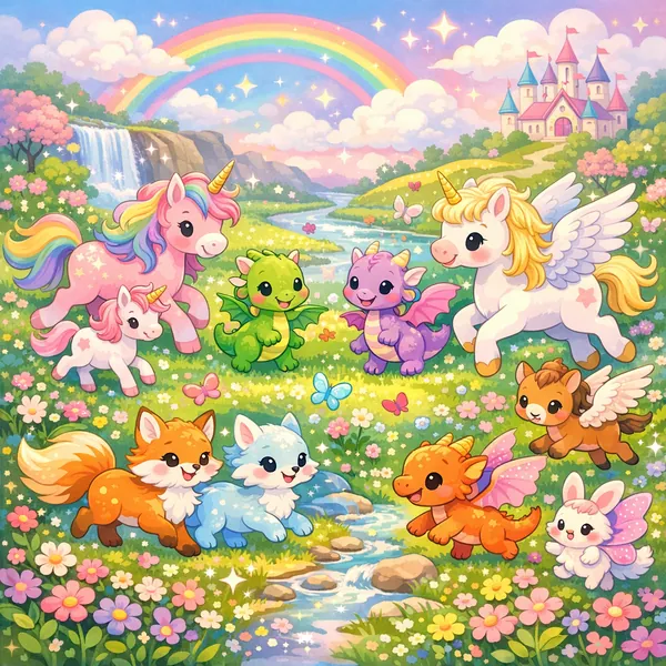 Enjoy an online jigsaw puzzle designed for browser play, featuring a whimsical fantasy scene full of cute animals and magical creatures.