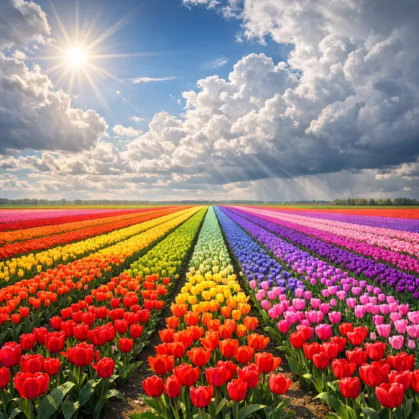 Enjoy an online jigsaw puzzle designed for browser play, featuring a radiant, rainbow-striped tulip field that celebrates nature's color.