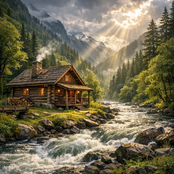Enjoy an online jigsaw puzzle designed for browser play, featuring a cozy log cabin by a rushing mountain stream surrounded by lush forests and distant peaks.