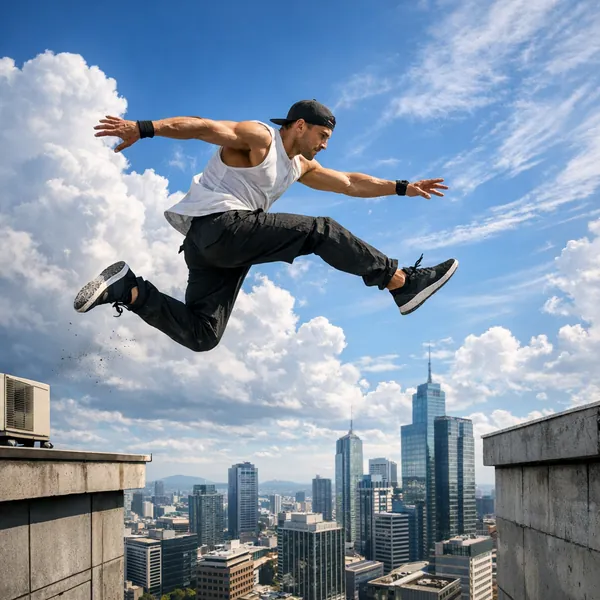 This online jigsaw puzzle features a high-flying urban parkour scene you can play right in your browser, centered on a daring leap above a city skyline.