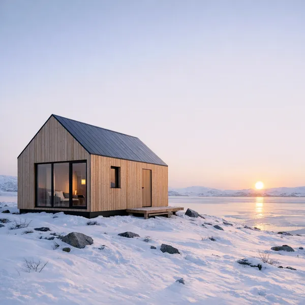 Enjoy an online jigsaw puzzle designed for browser play, featuring a serene winter cabin by the sea that celebrates nature and minimalist architecture.