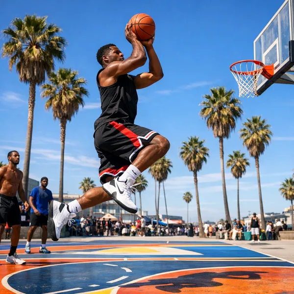 Play an online jigsaw puzzle in your browser that shows an action-packed outdoor basketball scene, perfect for fans of sports and sun-soaked city life.