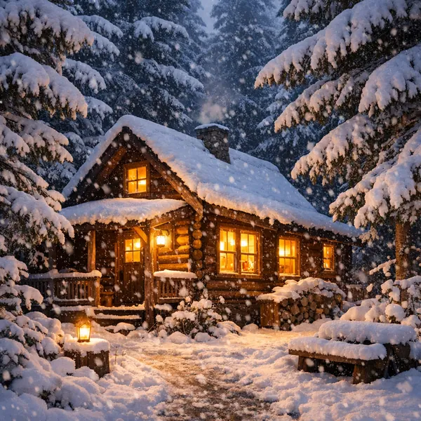 Enjoy an online jigsaw puzzle designed for browser play, featuring a cozy log cabin set in a snowy forest landscape.