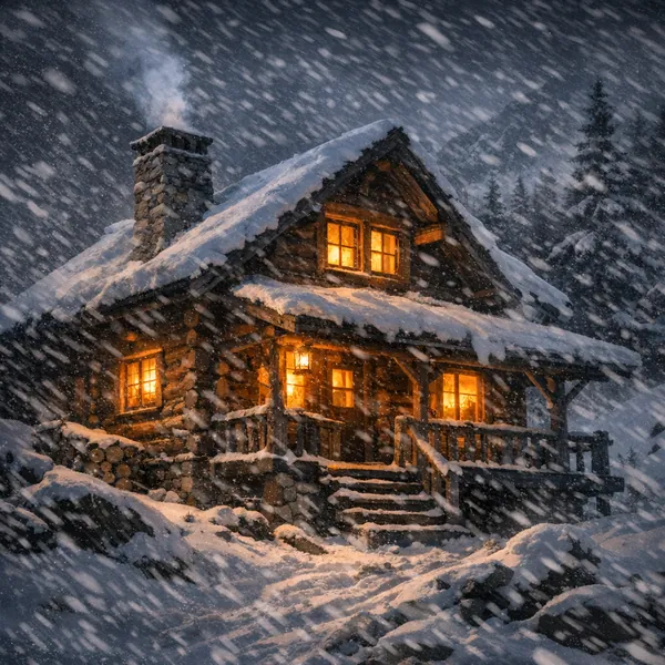 Play an online jigsaw puzzle in your browser that shows a warmly lit log cabin tucked into a snowy forest scene — a serene nature and winter-themed image perfec
