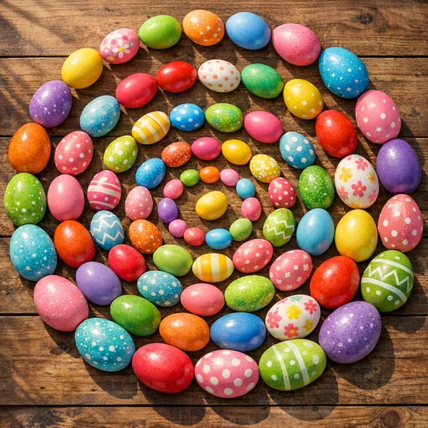 Enjoy an online jigsaw puzzle designed for browser play, featuring a vibrant spiral of painted Easter eggs in a cheerful spring holiday scene.