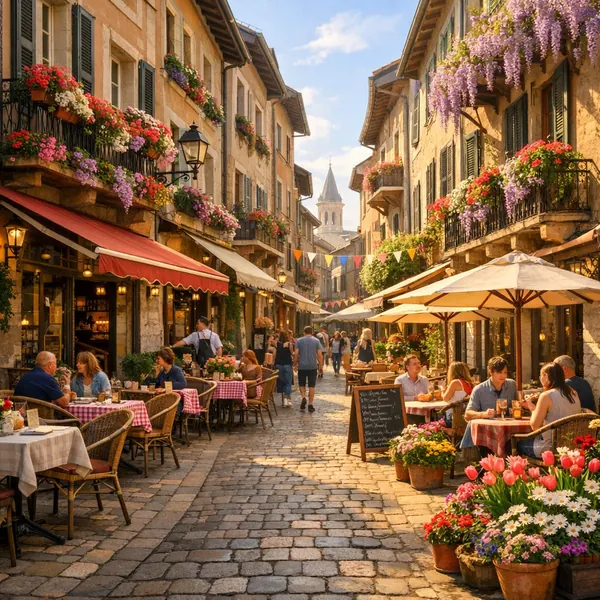 This online jigsaw puzzle features a charming European street scene perfect for fans of cityscapes and cozy outdoor dining.