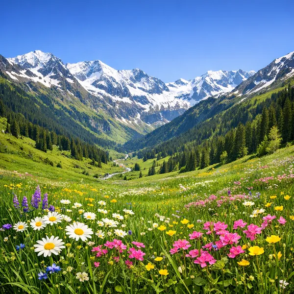 Enjoy an online jigsaw puzzle designed for browser play, featuring a vibrant alpine meadow framed by snow-capped mountains.