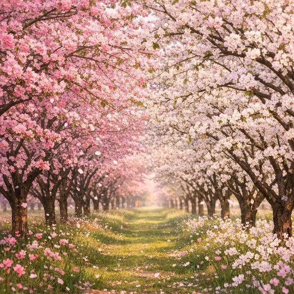 Enjoy an online jigsaw puzzle designed for browser play, featuring a dreamy avenue of flowering trees in full spring bloom.