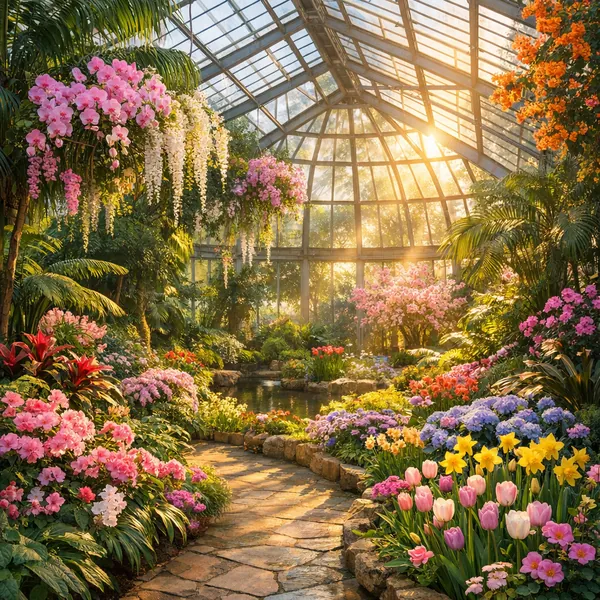Enjoy an online jigsaw puzzle designed for browser play, featuring a sunlit botanical garden full of flowers and lush greenery.