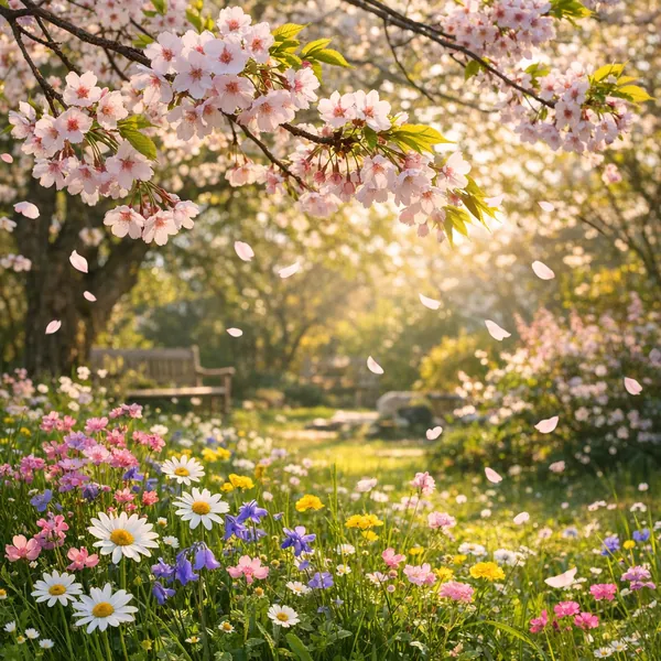 Enjoy an online jigsaw puzzle designed for browser play, featuring a sunlit spring garden filled with cherry blossoms and a colorful carpet of wildflowers.
