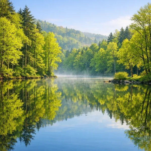 Enjoy an online jigsaw puzzle designed for browser play, featuring a serene nature scene of trees and a mirror-like lake.