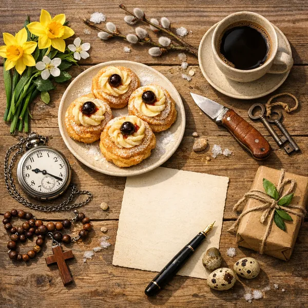 Enjoy an online jigsaw puzzle designed for browser play, featuring a cozy still-life scene of food and vintage treasures.