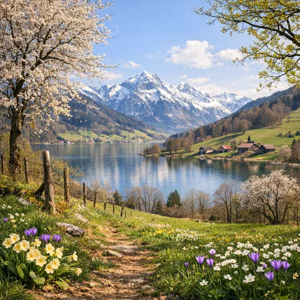 Enjoy an online jigsaw puzzle designed for browser play, featuring a serene springtime mountain landscape.
