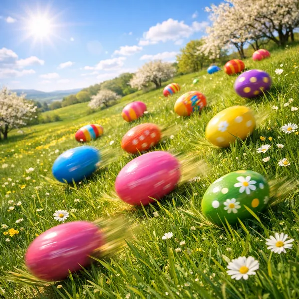 This online jigsaw puzzle features a bright spring scene of colorful Easter eggs scattered across a sunlit meadow, perfect for fans of nature and holiday imager