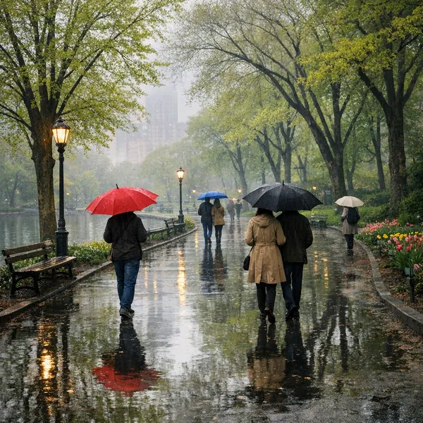Play an online jigsaw puzzle in your browser that shows a rainy city park scene, blending urban and nature themes with a soothing, green canopy.