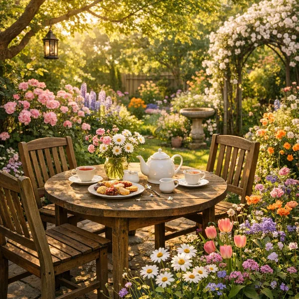 This online jigsaw puzzle features a sunlit garden tea scene you can play right in your browser, combining themes of nature and cozy dining.