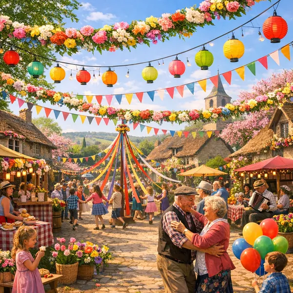 This online jigsaw puzzle features a charming village festival scene full of flowers and celebration, perfect for lovers of community and nature themes.