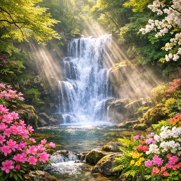 Enjoy an online jigsaw puzzle designed for browser play, featuring a sunlit waterfall set in a lush nature scene dotted with blooming spring flowers.